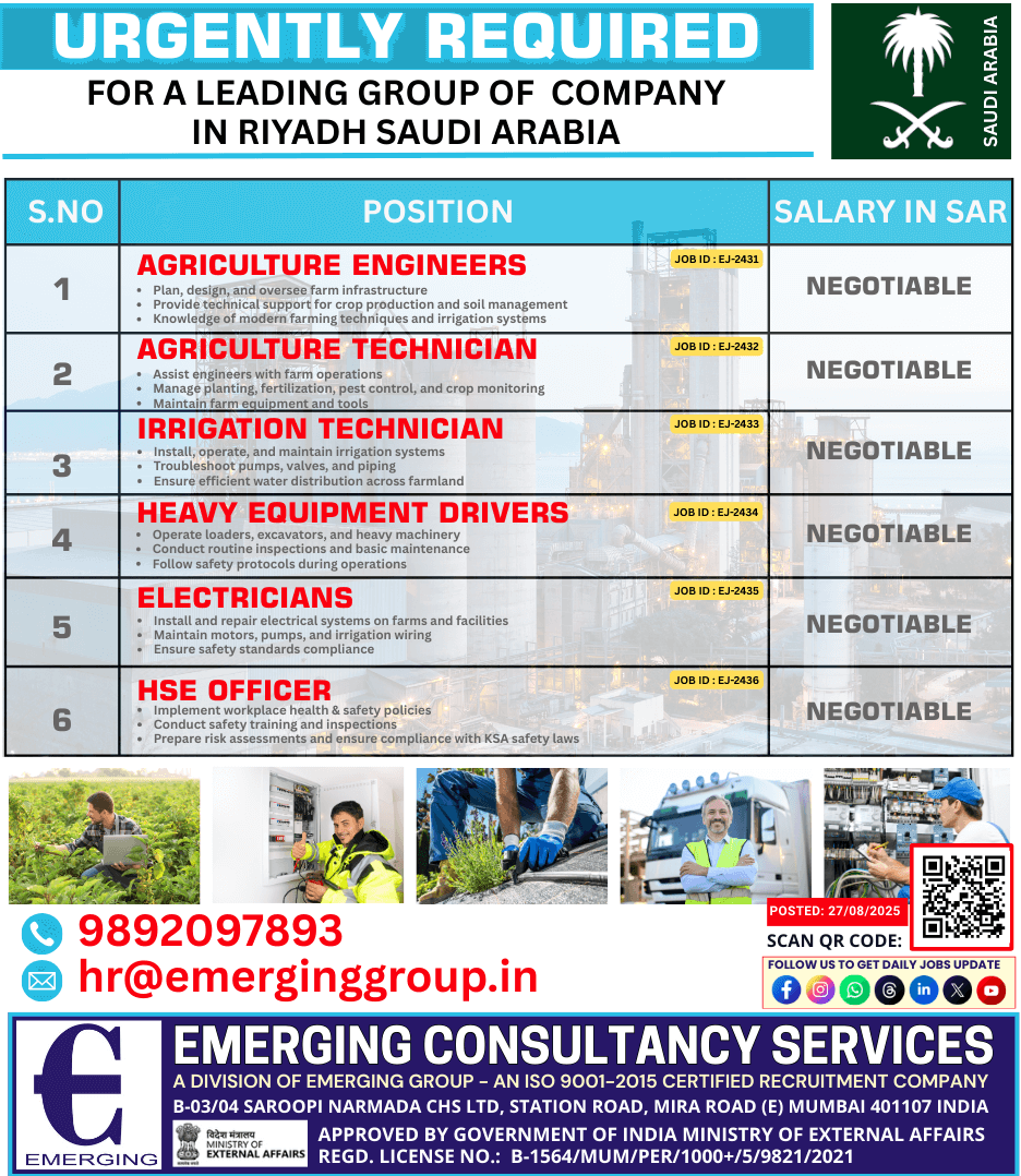 URGENTLY HIRING FOR: Agriculture Engineers, Agriculture Technicians, Irrigation Technicians, Heavy Equipment Drivers, Electricians, HSE Officers – Riyadh, Saudi Arabia URGENTLY HIRING FOR: Agriculture Engineers, Agriculture Technicians, Irrigation Technicians, Heavy Equipment Drivers, Electricians, HSE Officers – Riyadh, Saudi Arabia