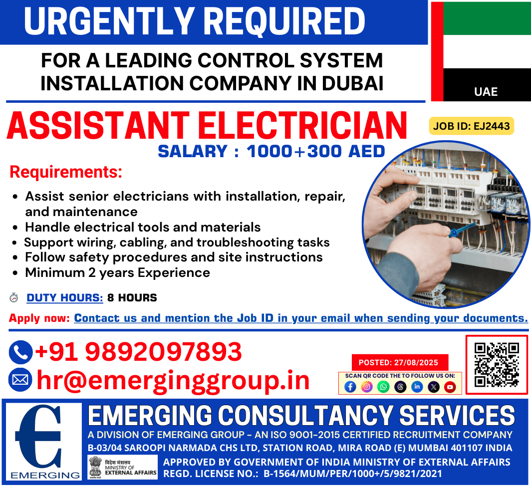URGENTLY HIRING FOR: Assistant Electrician – Leading Control System Installation Company – Dubai URGENTLY HIRING FOR: Assistant Electrician – Leading Control System Installation Company – Dubai