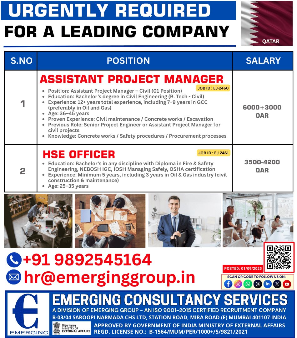 Urgently required Assistant Project Manager – Civil & HSE Officer Urgently required Assistant Project Manager – Civil & HSE Officer
