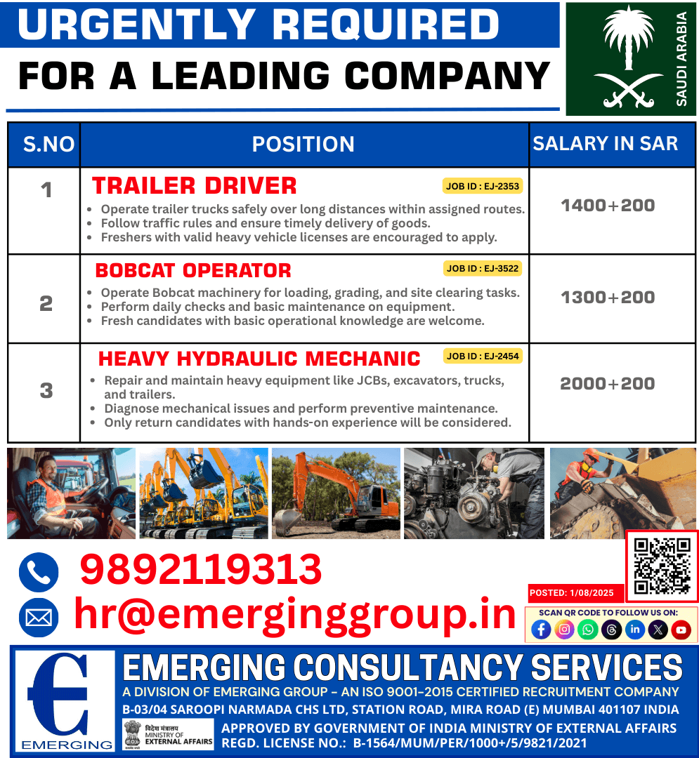 Urgently Required Trailer , Bobcat Operator and Heavy Hydraulic Mechanic Urgently Required Trailer , Bobcat Operator and Heavy Hydraulic Mechanic