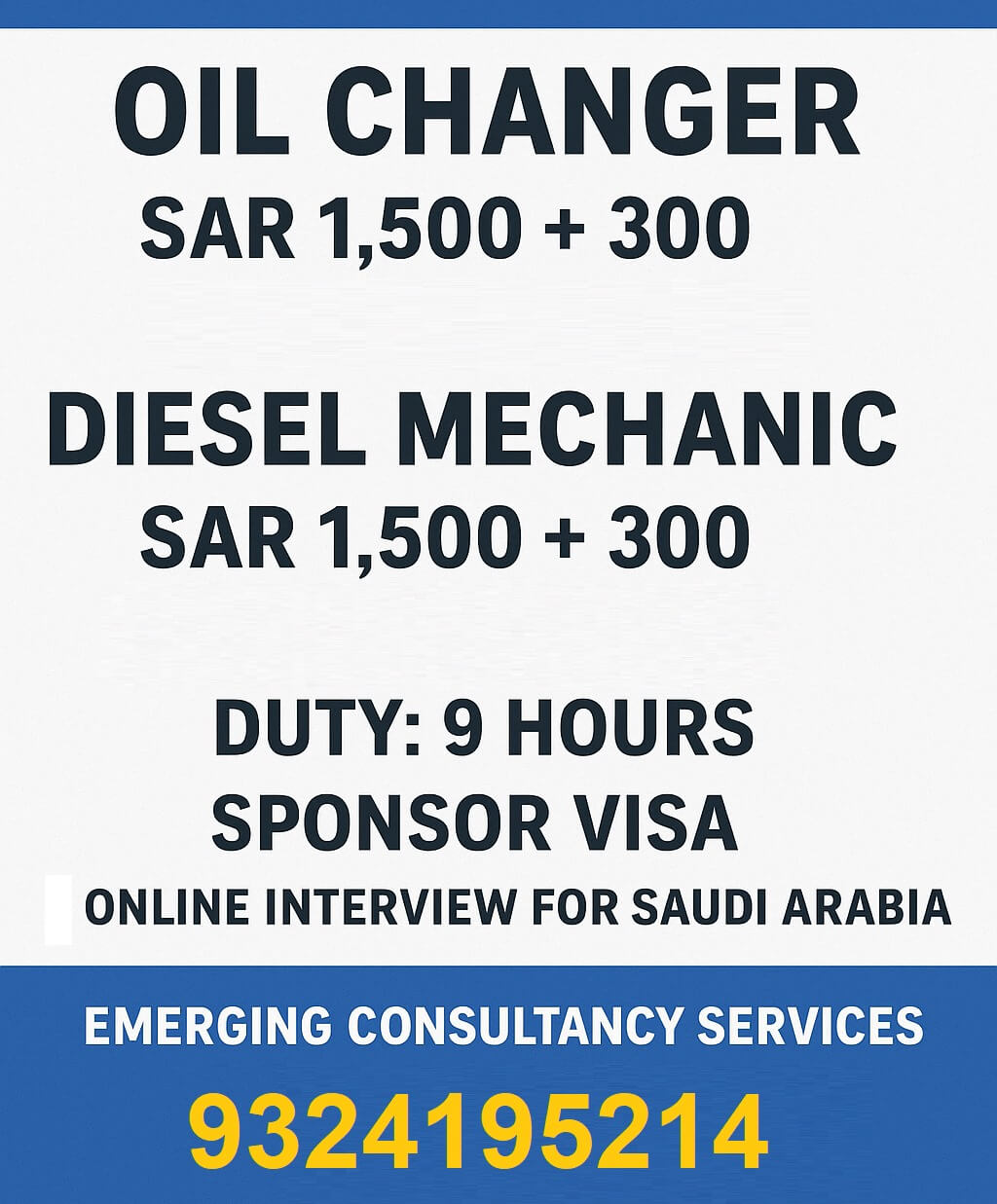 URGENTLY REQUIRED FOR SAUDI ARABIA Oil Changer & Diesel Mechanic URGENTLY REQUIRED FOR SAUDI ARABIA Oil Changer & Diesel Mechanic