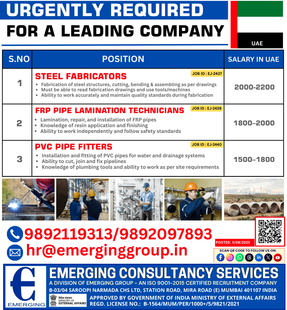 Skilled Technicians – Steel Fabricators, FRP Pipe Lamination Technicians, PVC Pipe Fitters