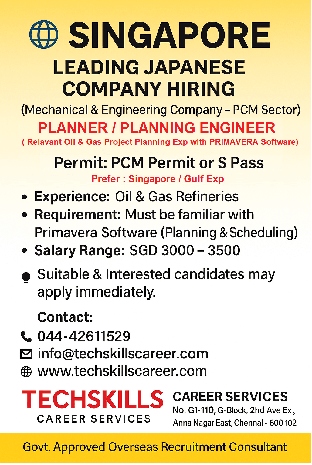 SINGAPORE URGENT REQUIRMENTS- PLANNING ENGINEER ( Primavera Software exp) SINGAPORE URGENT REQUIRMENTS- PLANNING ENGINEER ( Primavera Software exp)
