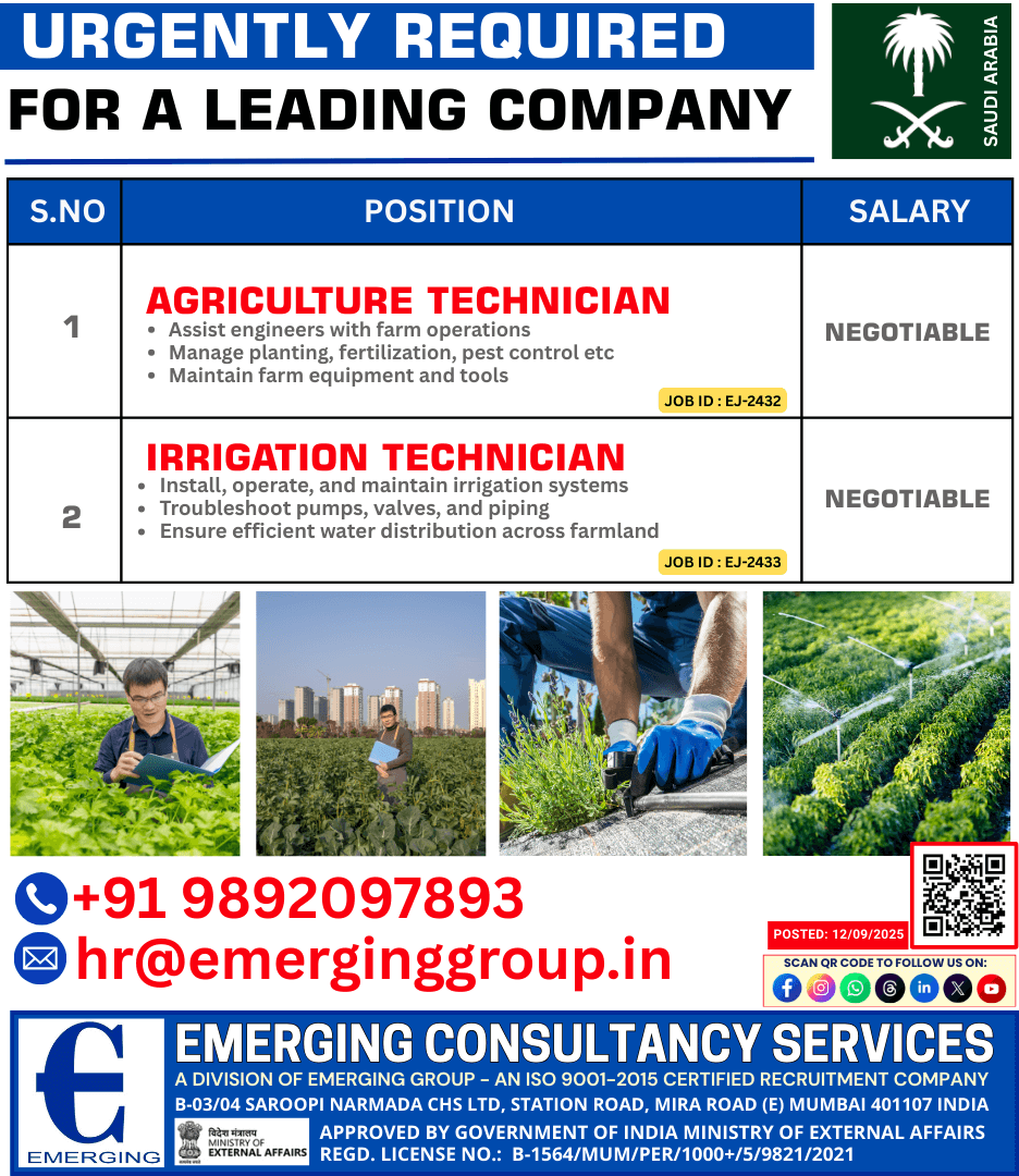 Urgently Hiring  Agriculture & Irrigation Technician
