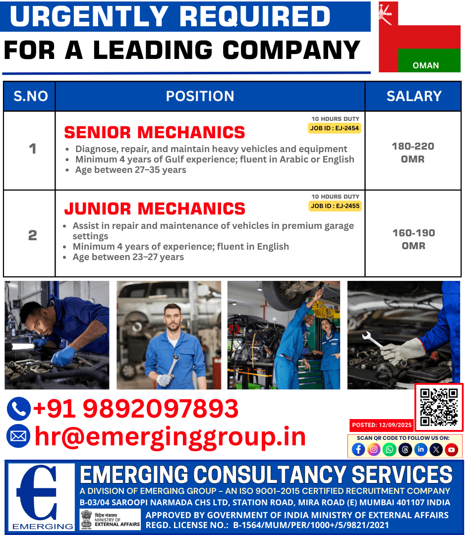 URGENTLY REQUIRED – SENIOR & JUNIOR MECHANICS
