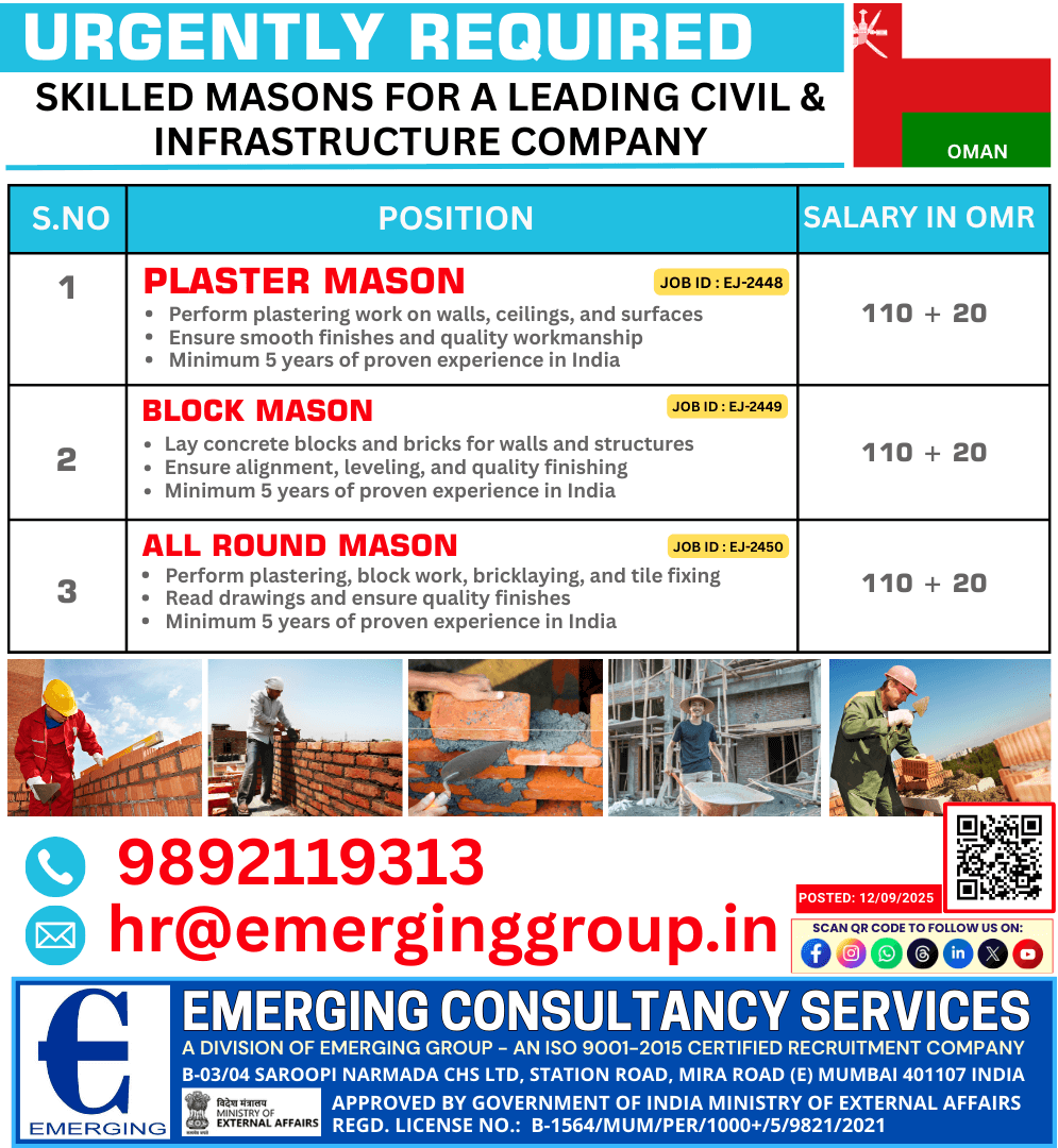 URGENTLY REQUIRED Skilled Masons for a Leading Civil & Infrastructure Company