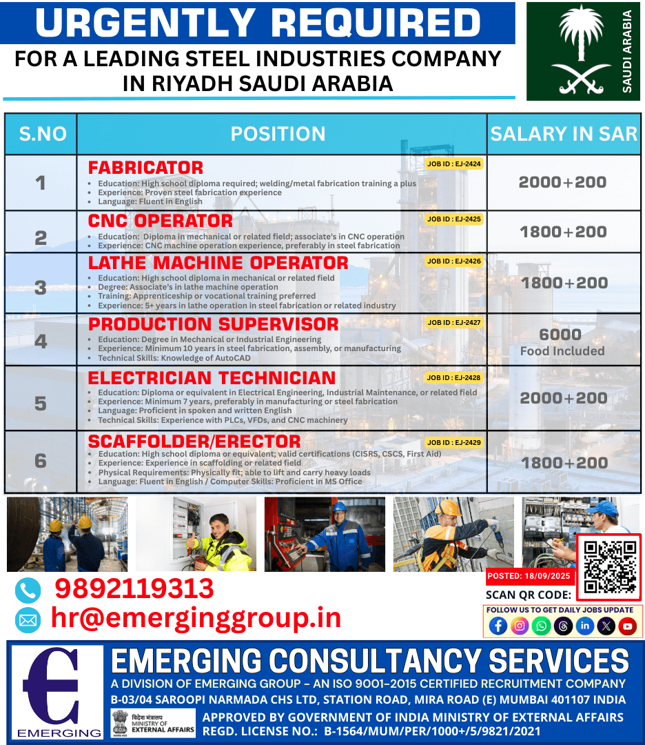 Urgent Hiring – Leading Steel Industry | Riyadh, Saudi Arabia ?? Urgent Hiring – Leading Steel Industry | Riyadh, Saudi Arabia ??