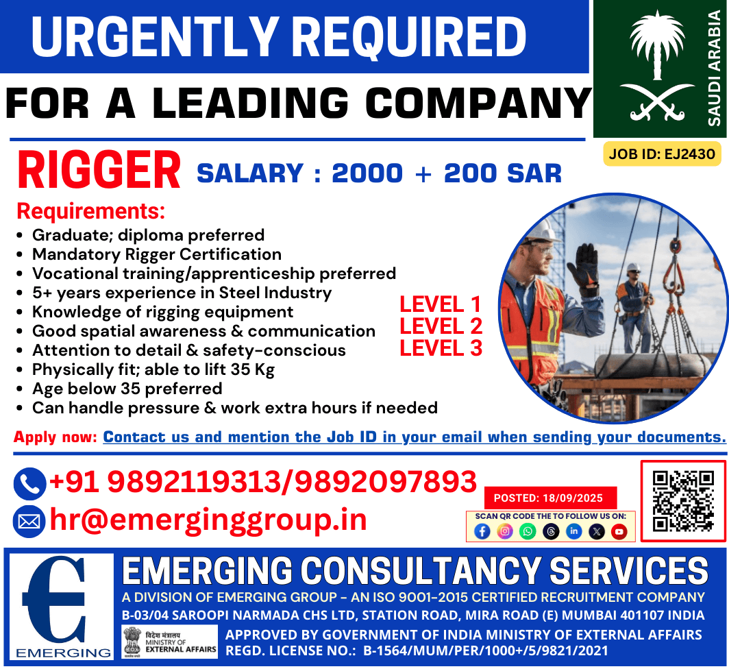 Urgently Hiring for a leading Company - RIGGER Urgently Hiring for a leading Company - RIGGER