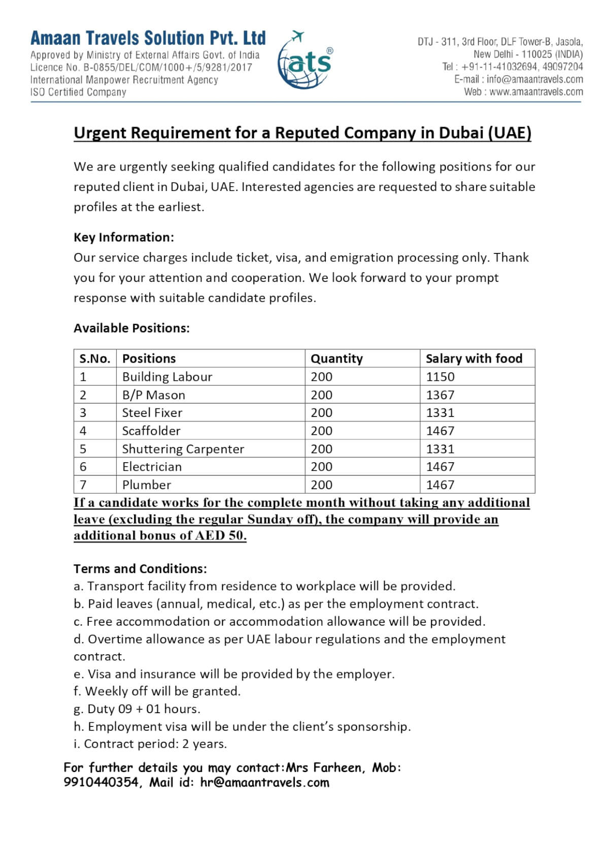 HIRING FOR UAE BASED CO