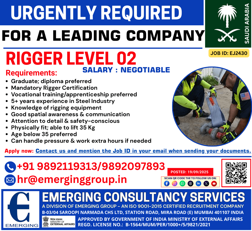 URGENT REQUIREMENT – RIGGER LEVEL 02 URGENT REQUIREMENT – RIGGER LEVEL 02