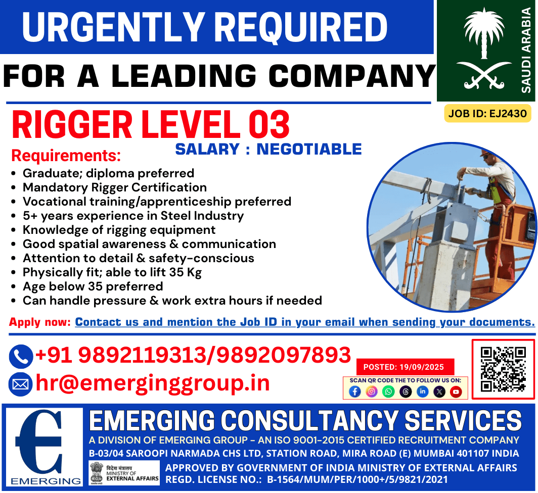 URGENT REQUIREMENT – RIGGER LEVEL 03 URGENT REQUIREMENT – RIGGER LEVEL 03