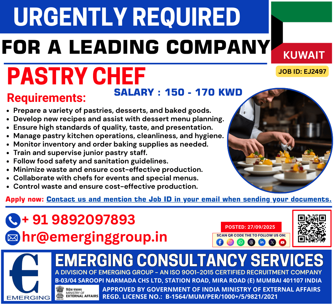 URGENTLY REQUIRED – PASTRY CHEF URGENTLY REQUIRED – PASTRY CHEF