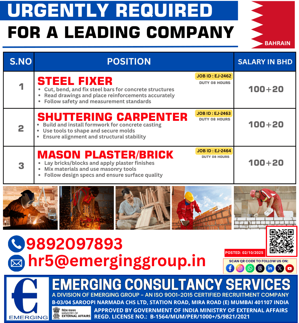 Urgently Hiring Steel Fixer | Shuttering Carpenter | Mason (Plaster/Brick) Urgently Hiring Steel Fixer | Shuttering Carpenter | Mason (Plaster/Brick)