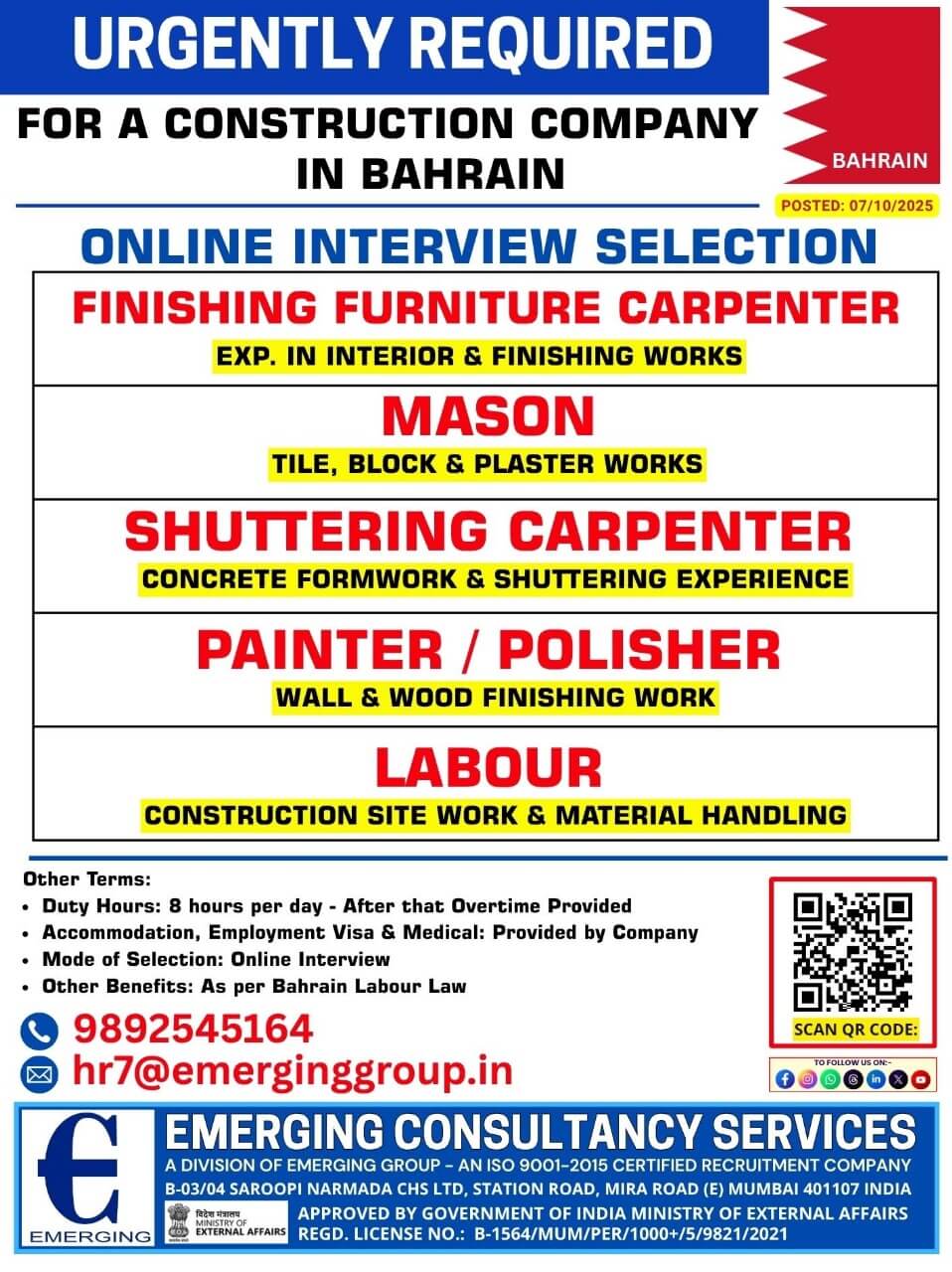 URGENTLY REQUIRED FOR A CONSTRUCTION COMPANY IN BAHRAIN URGENTLY REQUIRED FOR A CONSTRUCTION COMPANY IN BAHRAIN