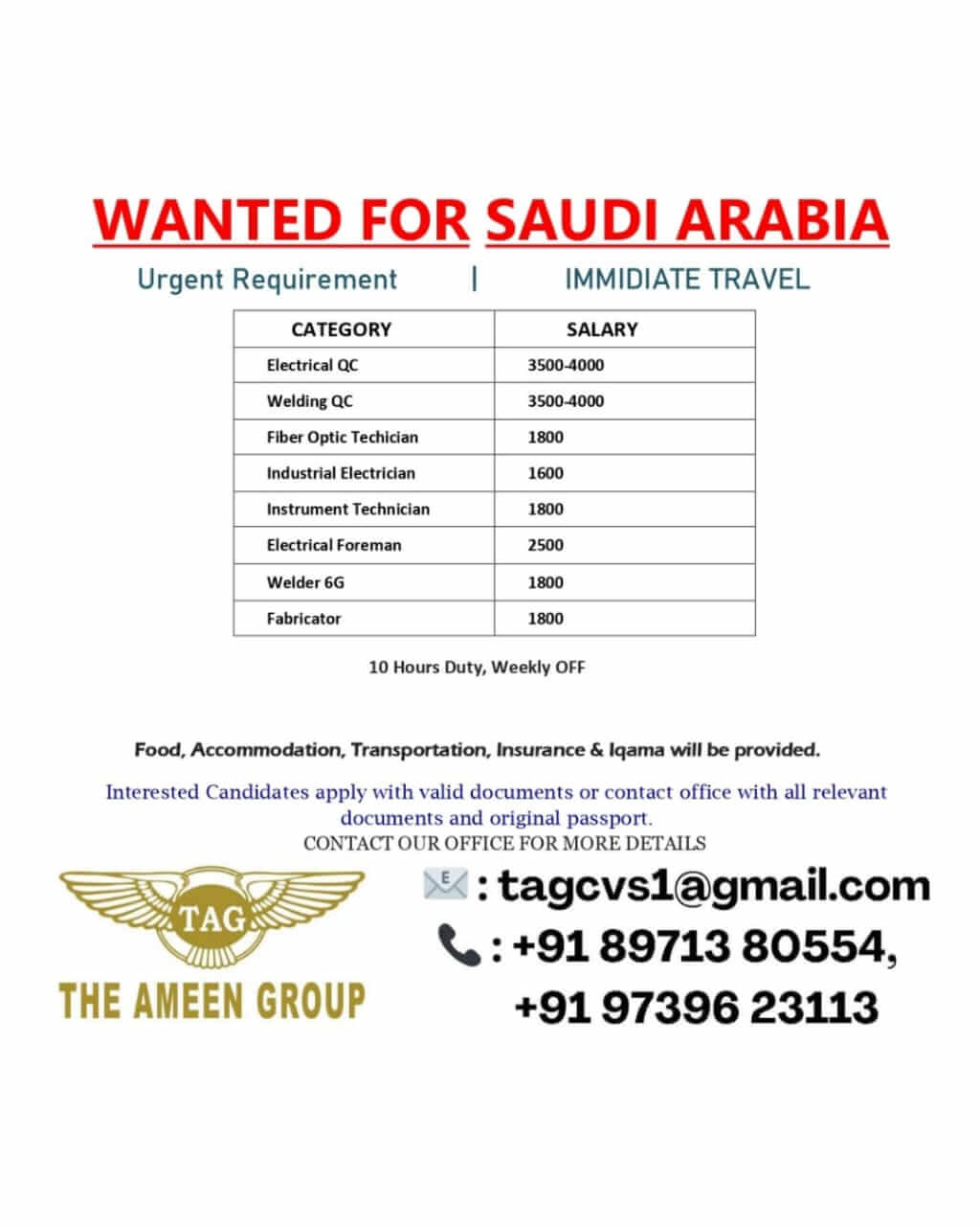 Urgently Required – Technicians | Foremen | QC Inspectors – Saudi Arabia