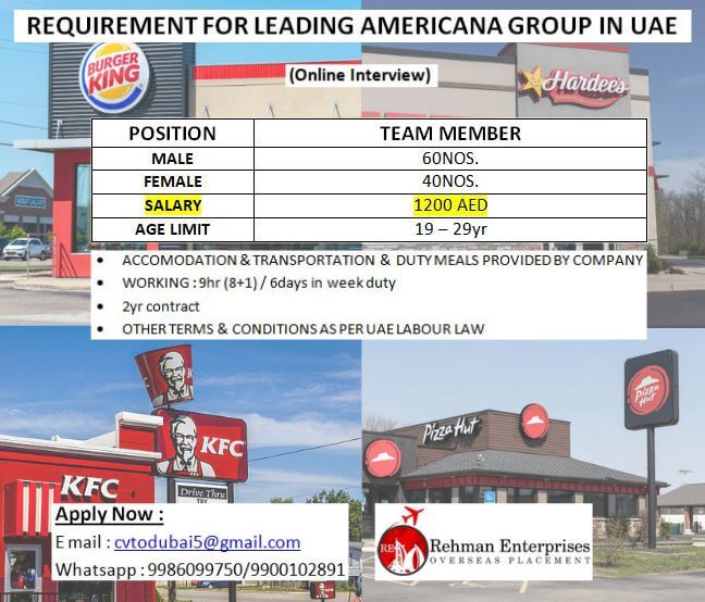 REQUIREMENT FOR LEADING AMERICANA GROUP IN UAE-ONLINE INTERVIEW REQUIREMENT FOR LEADING AMERICANA GROUP IN UAE-ONLINE INTERVIEW