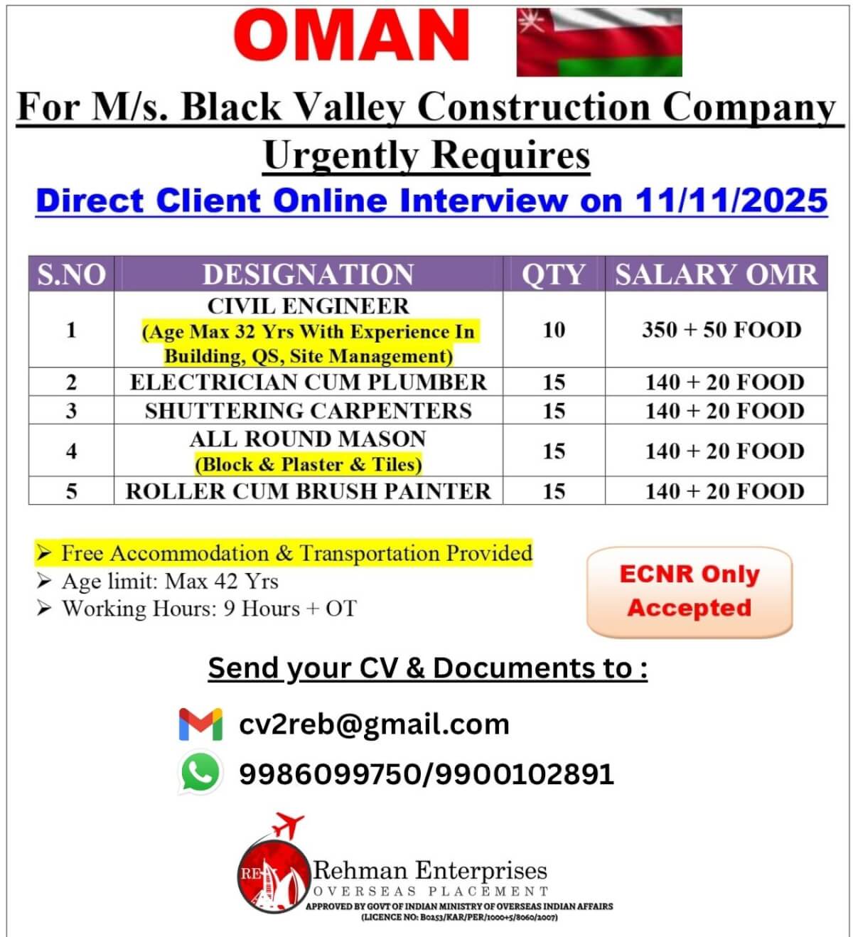 URGENTLY REQUIRES FOR M/S BLACK VALEEY CONSTRUCTION COMAPNY OMAN-ONLINE INTERVIEW ON 11/11/2025 URGENTLY REQUIRES FOR M/S BLACK VALEEY CONSTRUCTION COMAPNY OMAN-ONLINE INTERVIEW ON 11/11/2025