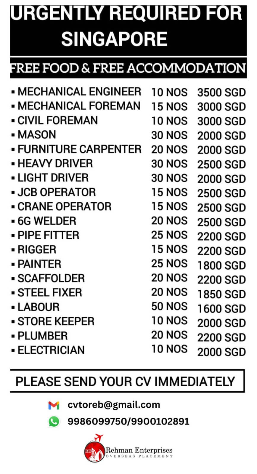 URGENTLY REQUIRED FOR SINGAPORE- FREE FOOD&FREE ACCOMMODATION URGENTLY REQUIRED FOR SINGAPORE- FREE FOOD&FREE ACCOMMODATION
