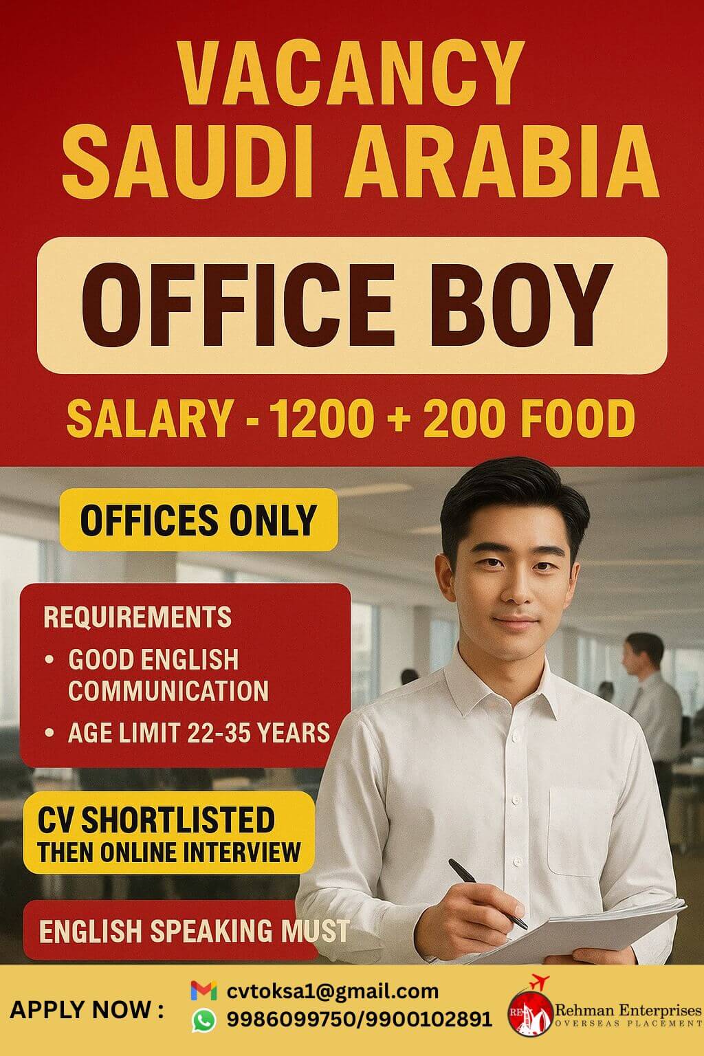 HIRING FOR SAUDI ARABIA-OFFICE BOY-SALARY:1200+200 FOOD HIRING FOR SAUDI ARABIA-OFFICE BOY-SALARY:1200+200 FOOD