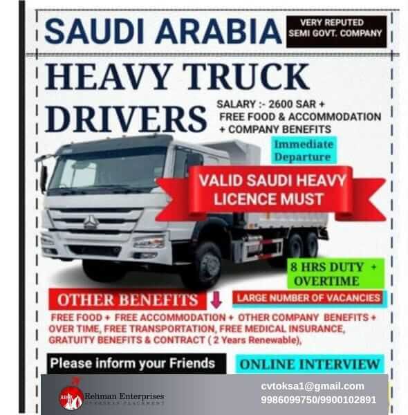 HIRING FOR VERY REPUTED SEMI GOVT COMPANY IN SAUDI ARABIA-HEAVY TRUCK DRIVERS-ONLINE INTERVIEW