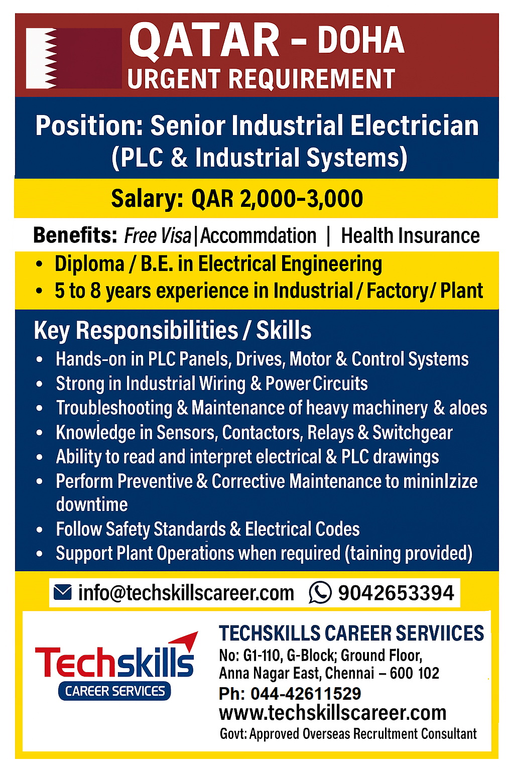 QATAR – DOHA | URGENT REQUIREMENT - Senior Industrial Electrician (PLC & Industrial Systems) Free Visa