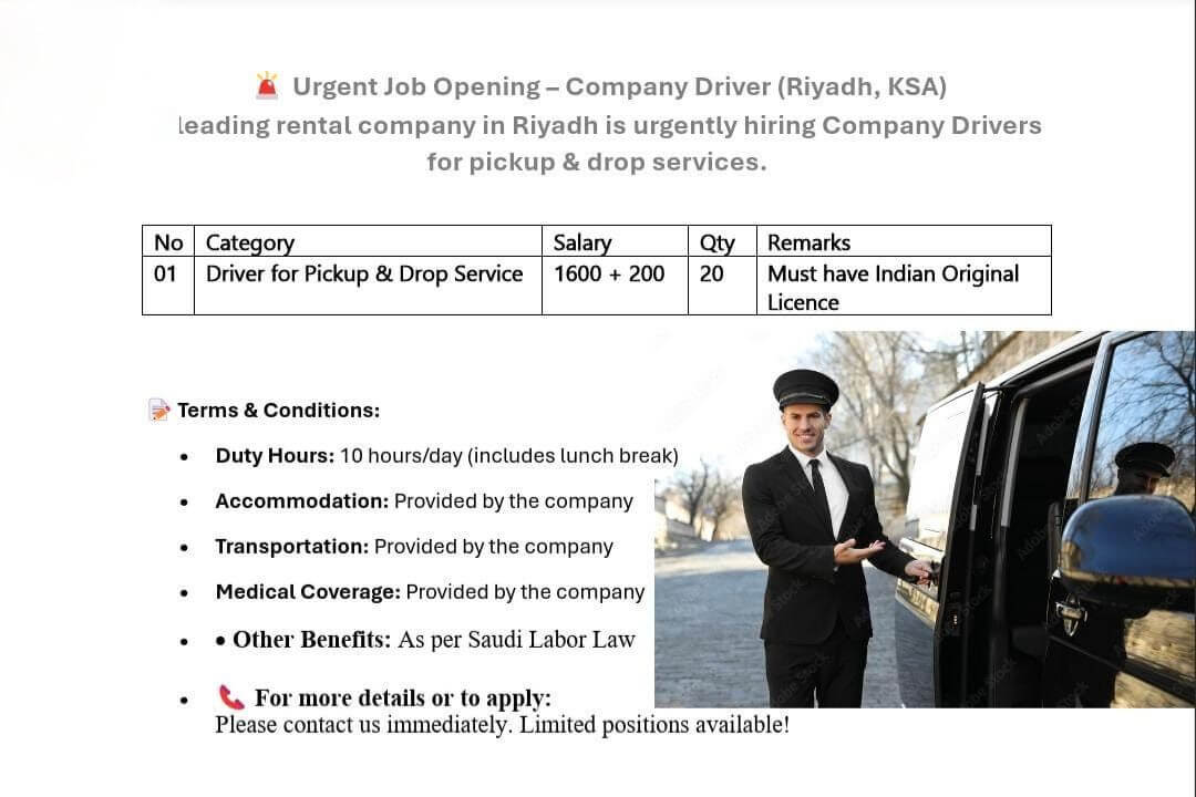 LEADING RENTAL COMPANY IN RIYADH IS URGENTLY HIRING COMPANY DRIVERS FOR PICKUP & DROP SERVICES