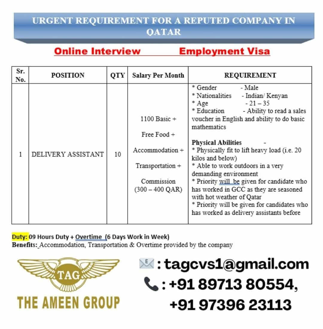 Urgently Required – Delivery Assistants – Qatar