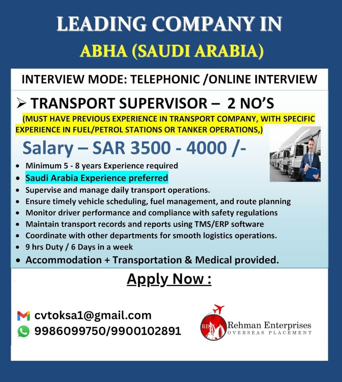 HIRING FOR A LEADING COMPANY ABHA IN SAUDI ARABIA
