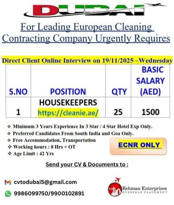 URGENTLY REQUIRES FOR LEADING EUROPEAN CLEANING CONTRACTING COMPANY IN DUBAI-HOUSEKEEPERS