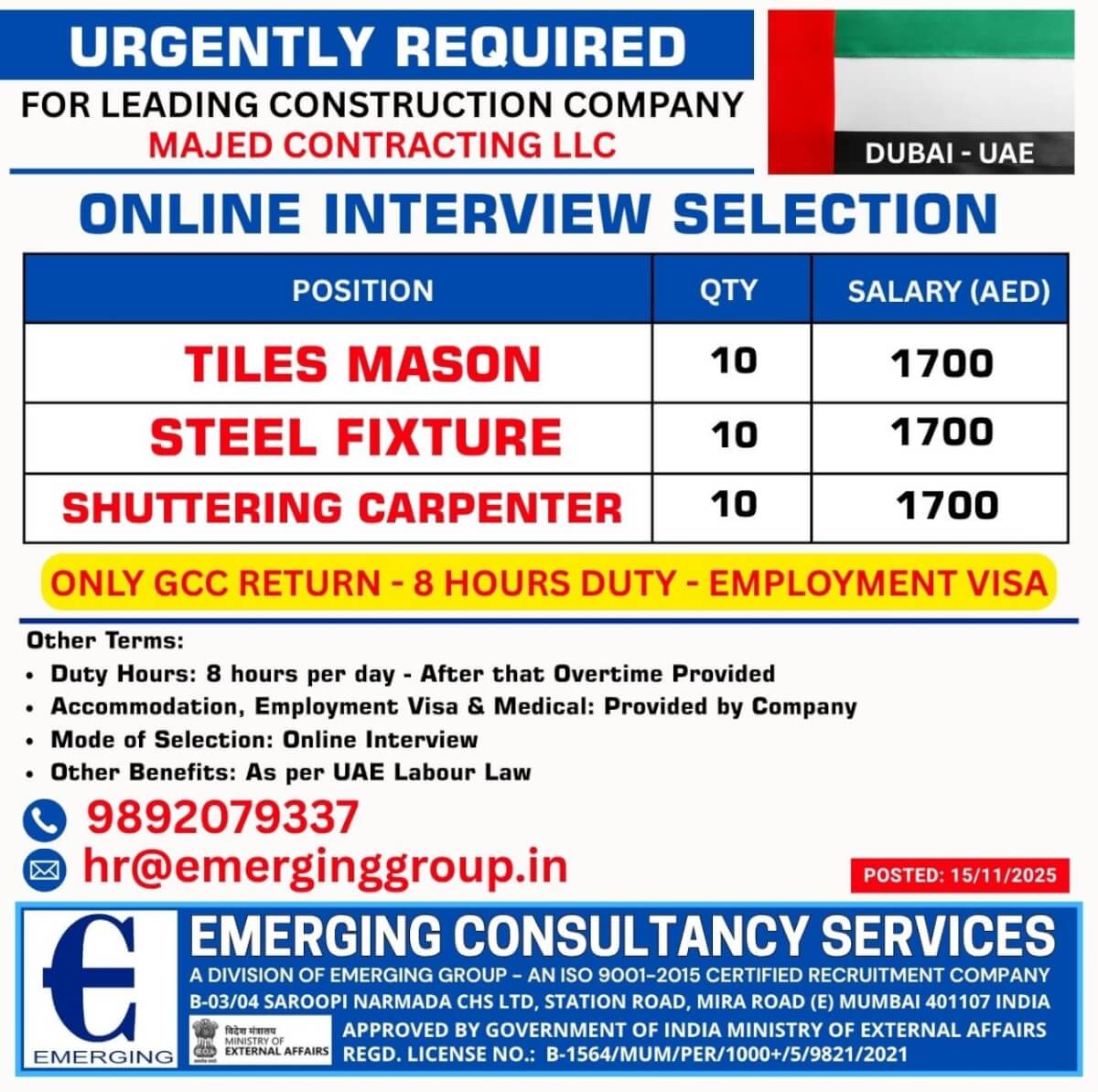 URGENTLY REQUIRED FOR A LEADING CONSTRUCTION COMPANY- MAJED CONTRACTING- UAE URGENTLY REQUIRED FOR A LEADING CONSTRUCTION COMPANY- MAJED CONTRACTING- UAE