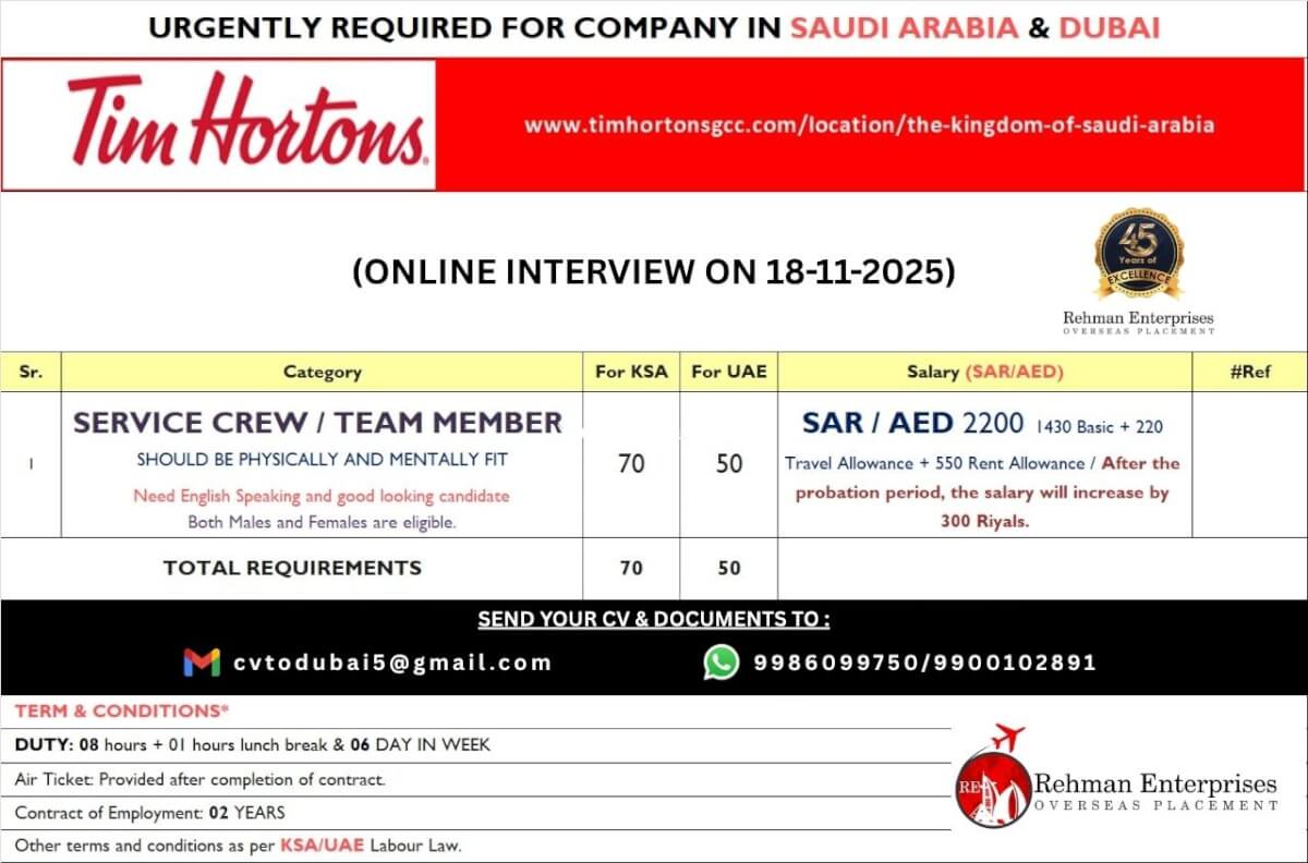 URGENTLY REQUIRED FOR COMPANY IN SAUDI ARABIA & DUBAI - ONLINE INTERVIEW URGENTLY REQUIRED FOR COMPANY IN SAUDI ARABIA & DUBAI - ONLINE INTERVIEW
