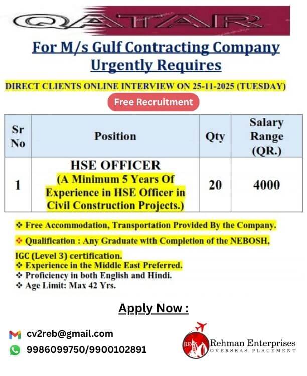 URGENTLY REQUIRES FOR M/S GULF CONTRACTING COMPANY - QATAR URGENTLY REQUIRES FOR M/S GULF CONTRACTING COMPANY - QATAR