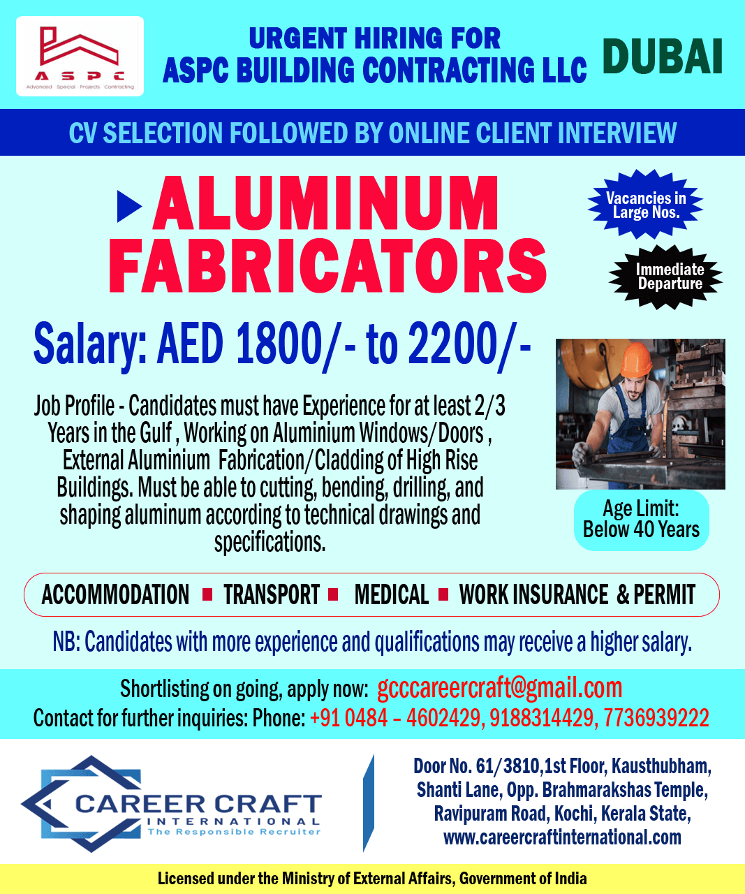 Urgent requirement of Aluminium Fabricators for Dubai -
