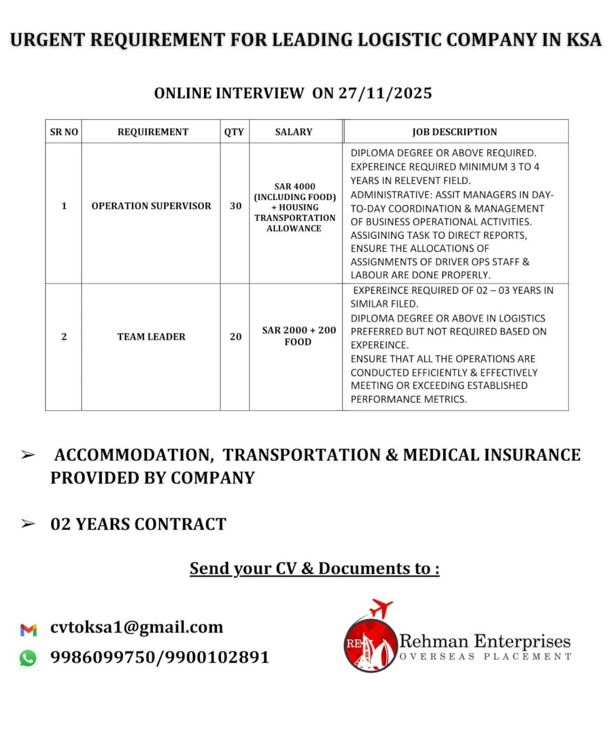 URGENT REQUIREMENT FOR LEADING LOGISTIC COMPANY IN SAUDI ARABIA - ONLINE INTERVIEW-27/11/2025 URGENT REQUIREMENT FOR LEADING LOGISTIC COMPANY IN SAUDI ARABIA - ONLINE INTERVIEW-27/11/2025
