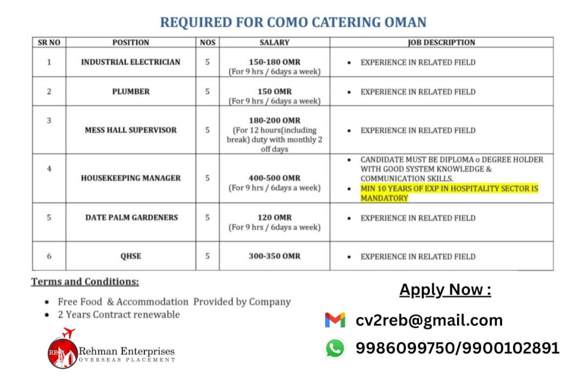 REQUIRED FOR COMO CATERING OMAN REQUIRED FOR COMO CATERING OMAN