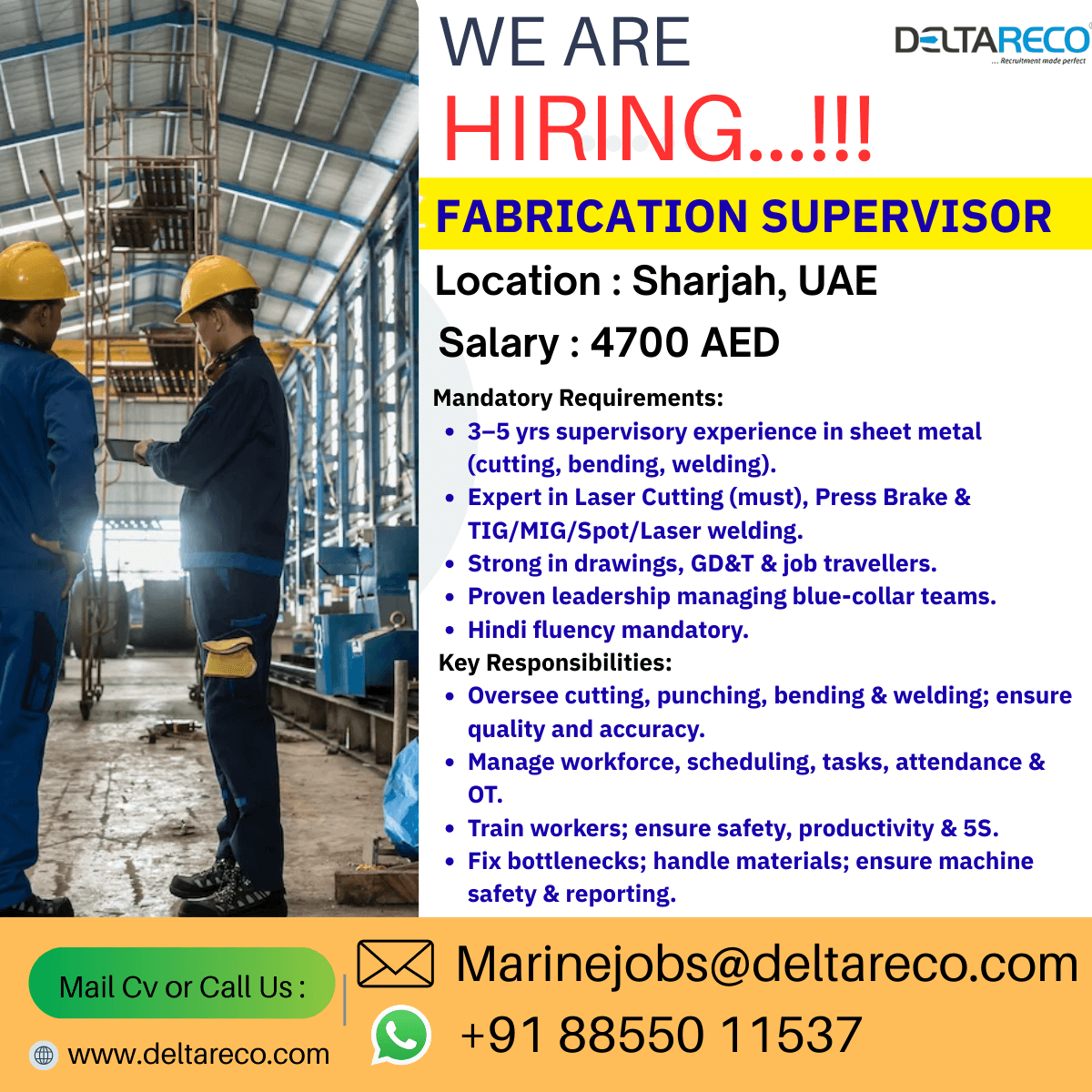 Fabrication Supervisor for UAE Fabrication Supervisor for UAE