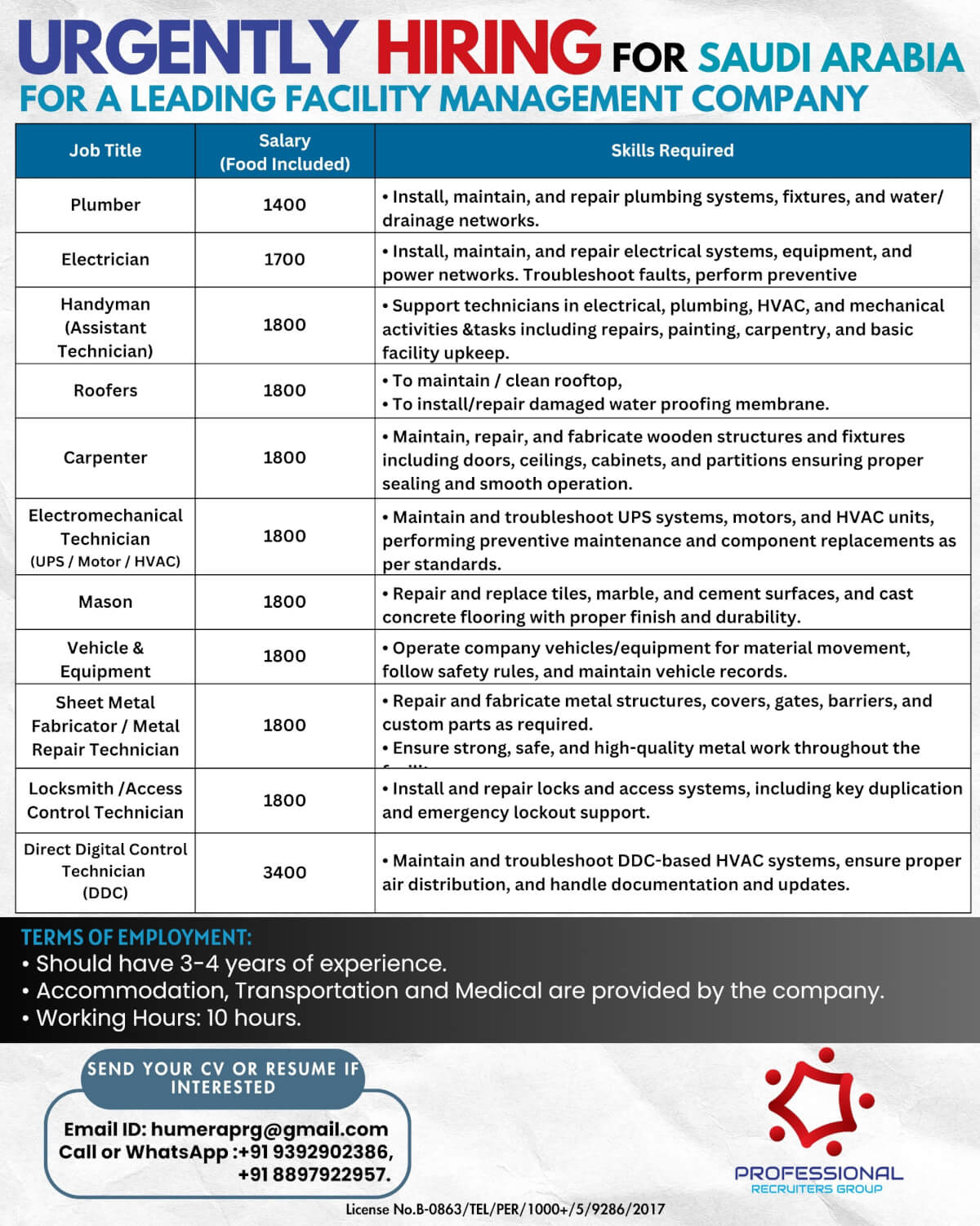 Hiring for a Facility Management Company in Saudi Arabia Hiring for a Facility Management Company in Saudi Arabia
