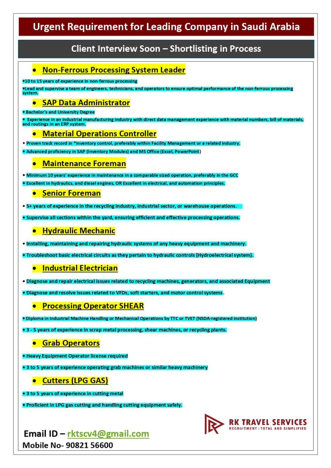 Urgent Requitement For Leading Company In Saudi Arabia Urgent Requitement For Leading Company In Saudi Arabia