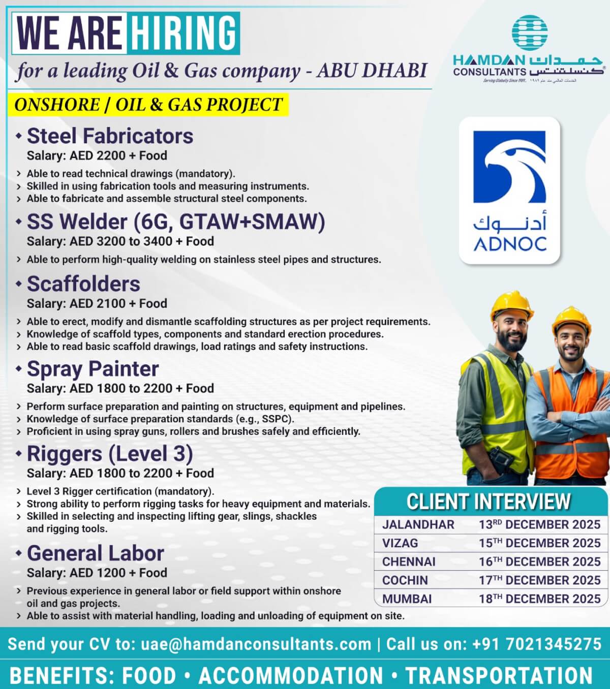 WE ARE HIRING – ABU DHABI (Onshore / Oil & Gas Project) WE ARE HIRING – ABU DHABI (Onshore / Oil & Gas Project)