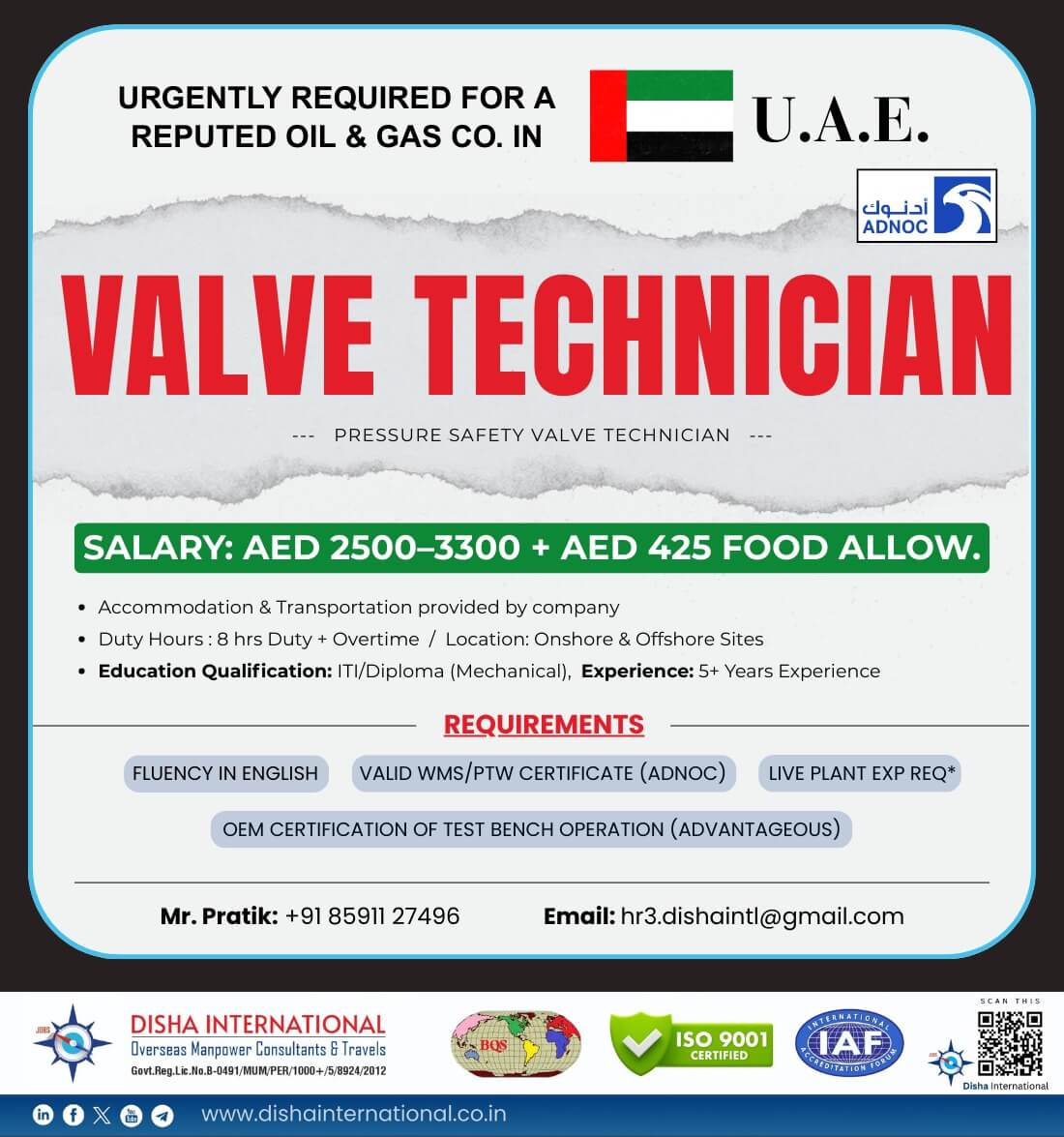 We have Urgent Opening for ADNOC  Project for PSV Technician