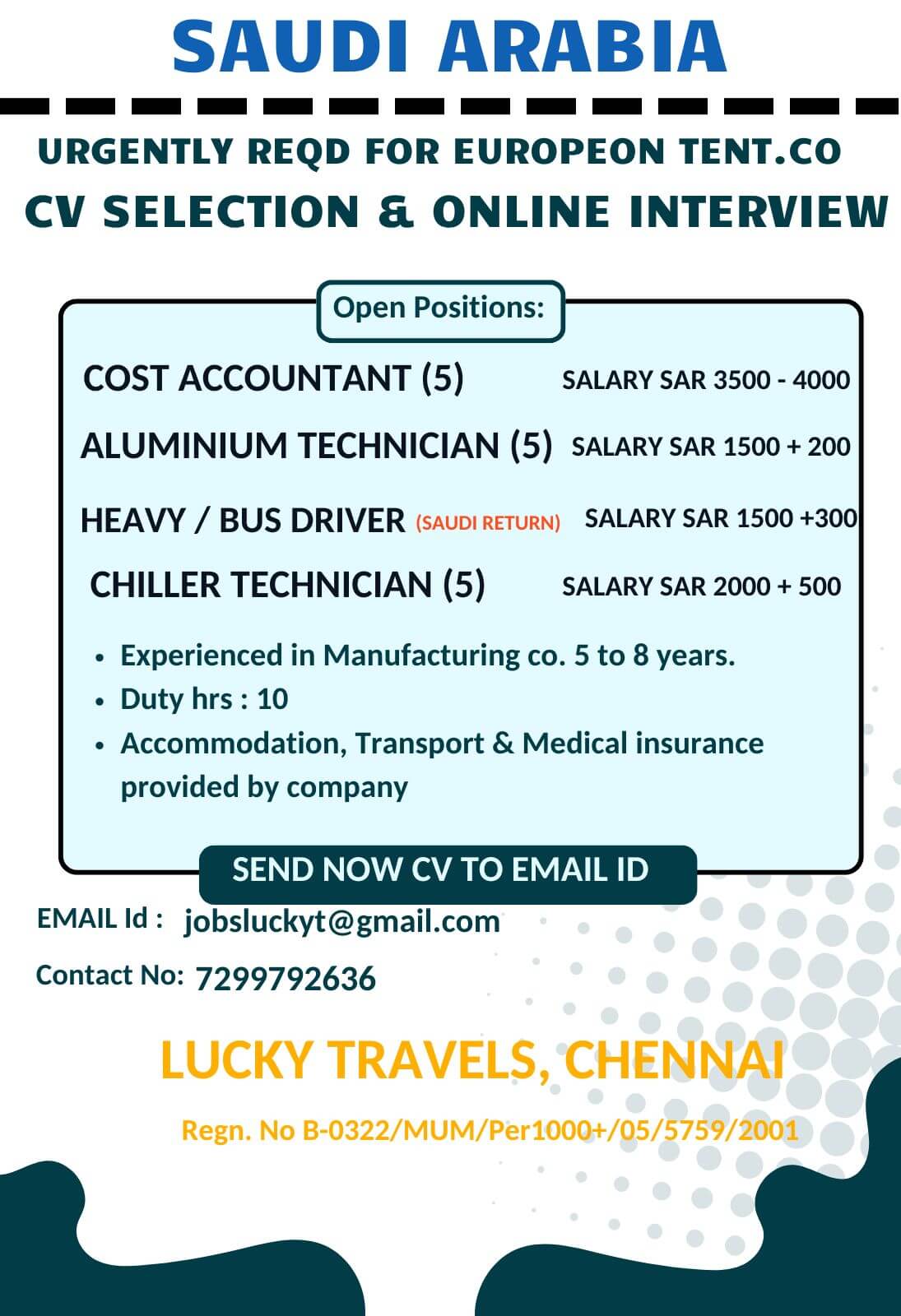 Urgently Required for Manufacturing company for Saudi Arabia / CV Selection & Online Interview / contact for further details on 7299792636 Urgently Required for Manufacturing company for Saudi Arabia / CV Selection & Online Interview / contact for further details on 7299792636