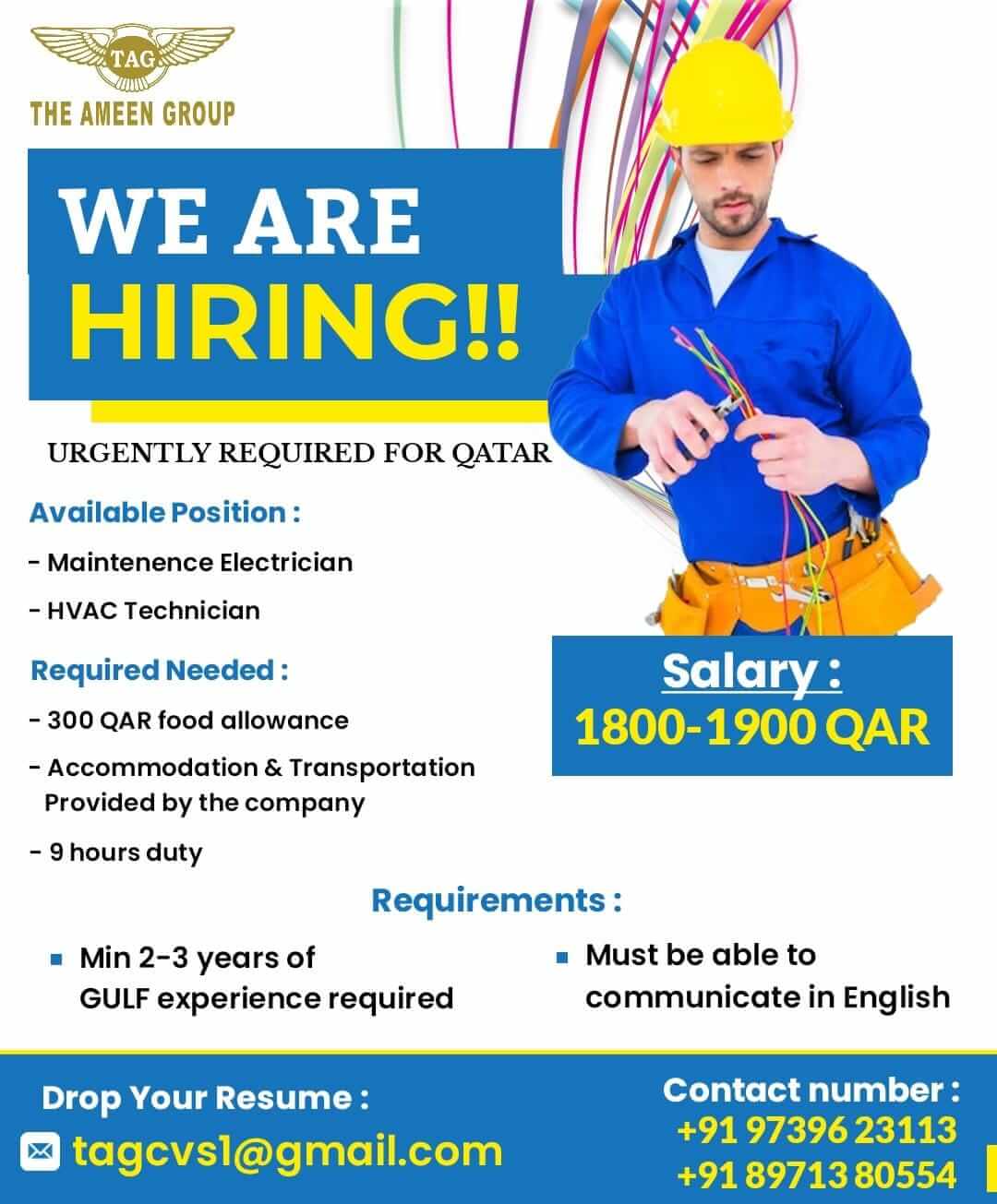 Urgently Required – Maintenance Electricians | HVAC Technicians – Qatar