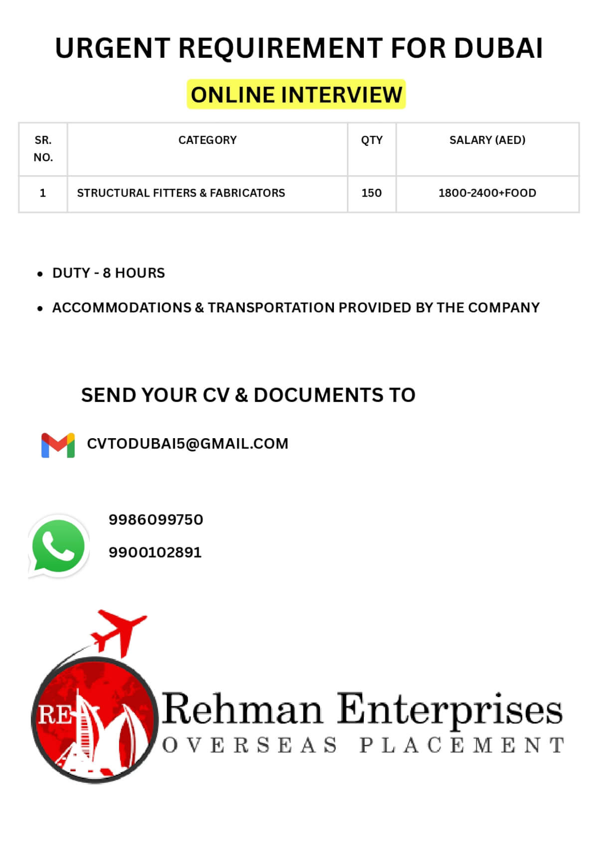 URGENT REQUIREMENT FOR DUBAI-ONLINE INTERVIEW