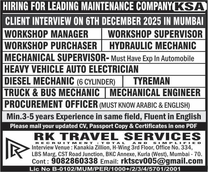 HIRING FOR LEADING MAINTENANCE COMPANY KSA CLIENT INTERVIEW ON 6TH DECEMBER 2025 IN MUMBAI