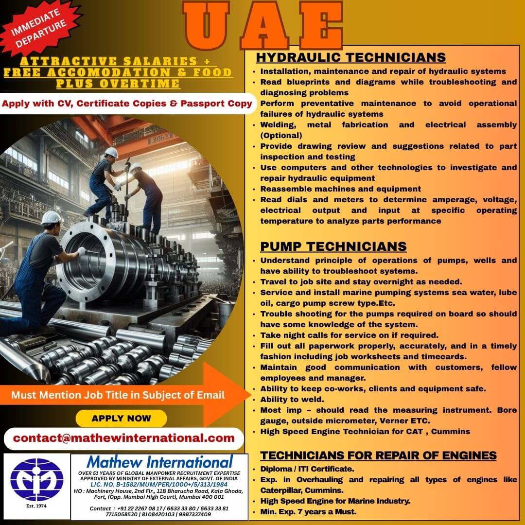 UAE - Required urgently for a Reputed Company the following personnel :Position:Position: