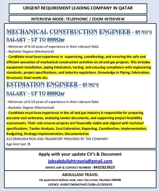 URGENT REQUIREMENT LEADING COMPANY IN QATAR URGENT REQUIREMENT LEADING COMPANY IN QATAR