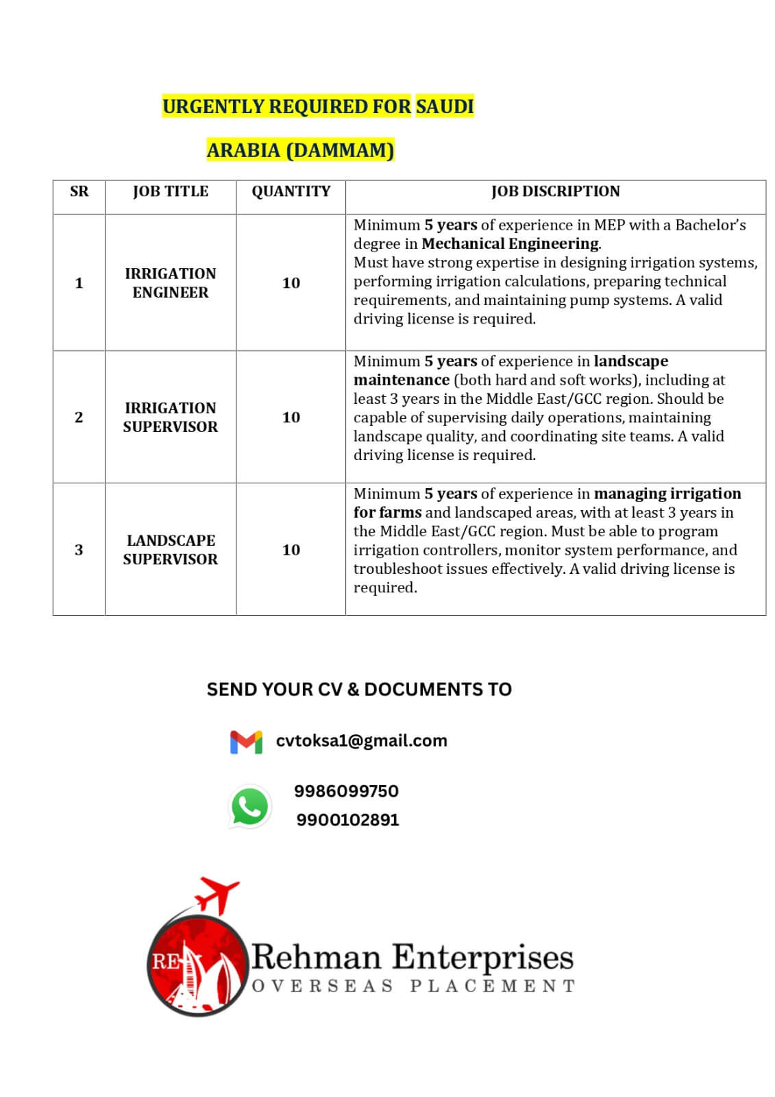 URGENTLY REQUIRED FOR SAUDI ARABIA (DAMMAM)