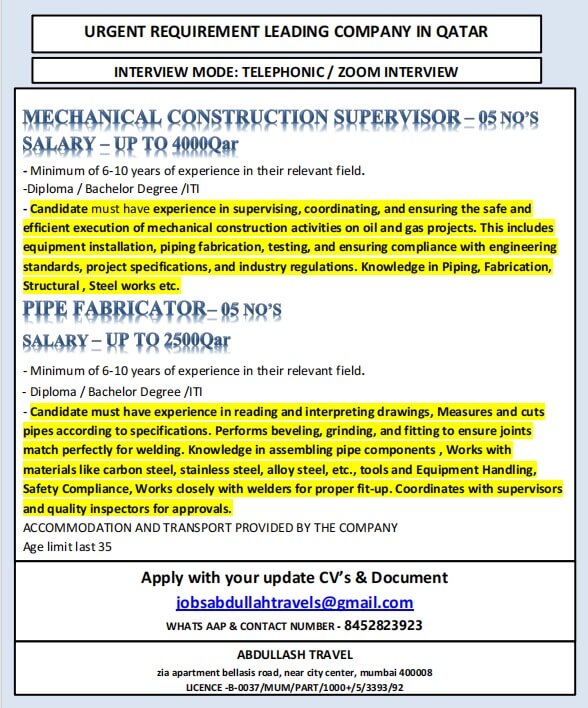 URGENT REQUIREMENT LEADING COMPANY IN QATAR URGENT REQUIREMENT LEADING COMPANY IN QATAR
