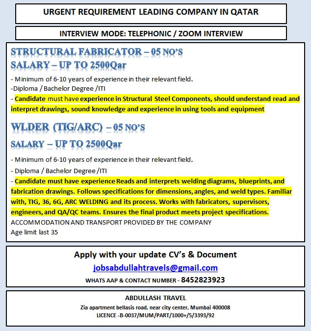 URGENT REQUIREMENT LEADING COMPANY IN QATAR URGENT REQUIREMENT LEADING COMPANY IN QATAR