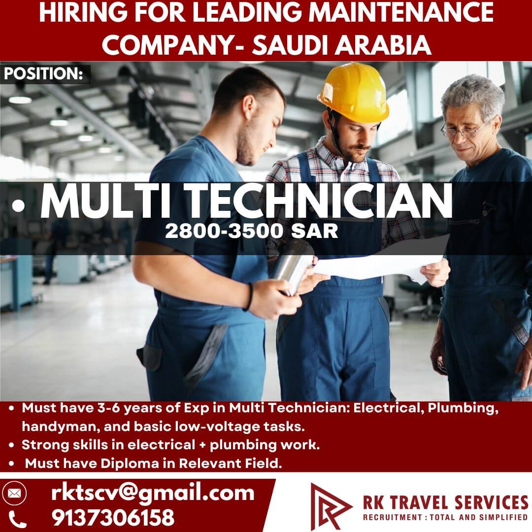 HIRING FOR LEADING Maintenance Company- SAUDI ARABIA